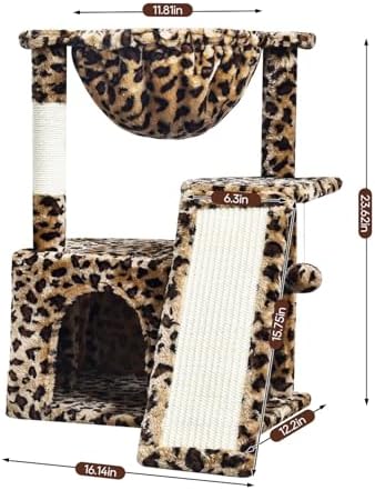 SYANDLVY Leopard Print Cat Tree for Indoor Cats, Small Cat Tower with Scratching Post & Board, Modern Activity House Condo with Cradle, Hanging Ball for Play, Kittens Cave - Image 3
