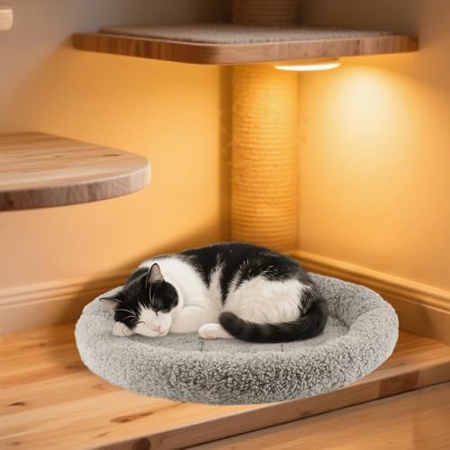 Enjoying Plush Cat Bed Mat Diameter 19.5" Round Pad with Pillow Around for Cats Dogs Relying/Curling Sleep Warm Dog Cushion for Crates, Antiskid Bottom, Large, Gray - Image 5
