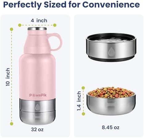 PawsPik 3-in-1 Travel Dog Water Bottle & Bowl Set, 32oz, Pink - Image 6