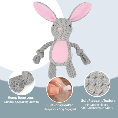 Plush Bunny Dog Toy, Squeaky Tug Toy with Rope Arms for Small Medium Dogs - Image 3
