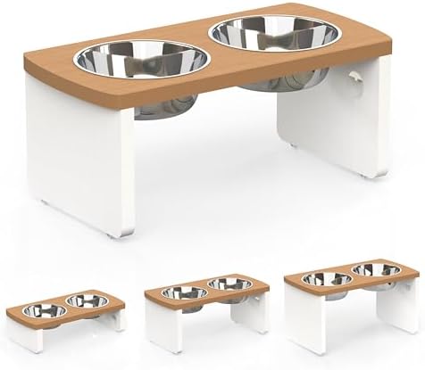 Elevated Dog Bowls, Waterproof Raised Dog Bowl for Medium Dogs, HIPS Poly Lumber Stand with 2 Stainless Steel Bowls, Indoor & Outdoor Use (7'' Tall-40 oz Bowl, Teak - White) by JoyoPawFamily