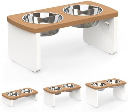 Elevated Dog Bowls, Waterproof Raised Dog Bowl for Medium Dogs, HIPS Poly Lumber Stand with 2 Stainless Steel Bowls, Indoor & Outdoor Use (7'' Tall-40 oz Bowl, Teak - White) by JoyoPawFamily