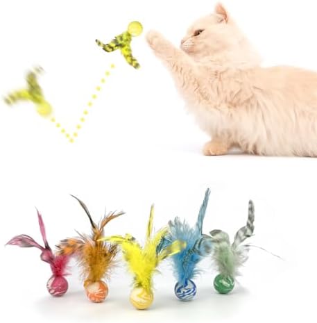 Feather Chase & Fetch Balls for Indoor Cats – 5 Pack Durable Rubber Cat Toys with Natural Feathers, Interactive Exercise & Hunting Play, Bouncy Balls for Active Kittens and Adult Cats by ZAYLUMO
