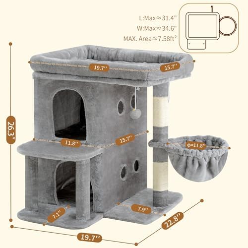 Heybly 26.3" Cat Tree for Large Cats with Big Perch & Dual Condos HCT204SW - Image 3