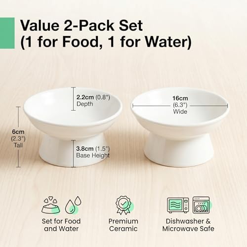 YULL Raised Ceramic Cat Bowls, 6" Wide 2.4" Tall Elevated White Cat Food and Water Dish, Shallow Wide Bowl for Whisker Fatigue Relief (2 Pack) - Image 2