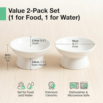 YULL Raised Ceramic Cat Bowls, 6" Wide 2.4" Tall Elevated White Cat Food and Water Dish, Shallow Wide Bowl for Whisker Fatigue Relief (2 Pack) - Image 2