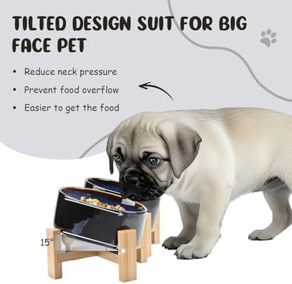 SPUNKYJUNKY 15° Slanted Ceramic Dog and Cat Bowl with Wooden Stand, Tilted Bulldog Food and Water Bowl No Slip Non-Spill for Cats Medium Dogs Big Face Pets 28.7 OZ (3.6 Cups, Starry Blue × 2) - Image 2