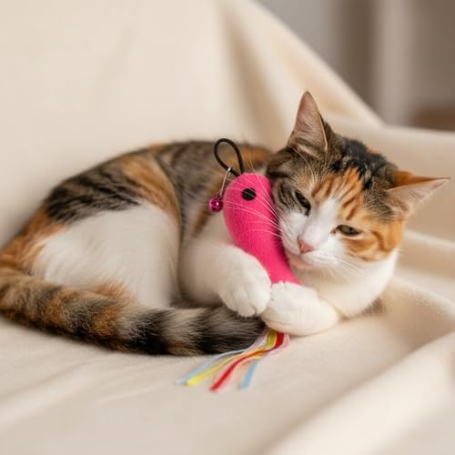5 PCS Fish and Mice Catnip Toys Plush Filled, Cat Toys Pink Fish Catnip Toy for Cats Flopping Cats Fishs Toy Filled Soft Plush, Premium CatWandToy Accessories with Ribbons for Indoor CatKitten Play - Image 7