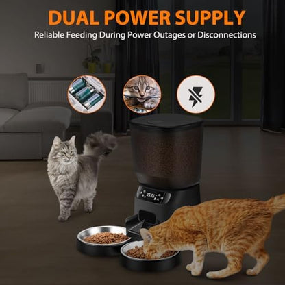 Automatic Cat Feeders for Two Cats, 5L/20 Cups Double Automatic Cat Food Dispenser with 2 Stainless Bowls, Timer Setting 20 Portions 6 Meals Per Day, 10s Meal Call (Black) - Image 5