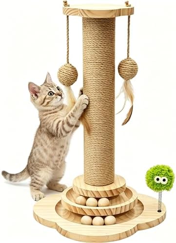 TINYBEAST Wooden Cat Scratching Post for Kittens, 4 in 1 Cat Scratcher Toy with Cat Ball Tracks, 18" Tall Sisal Scratch Post for Indoor Kittens, Interactive Feather Toy and 2 Sisal Hanging Balls by TinyBeast