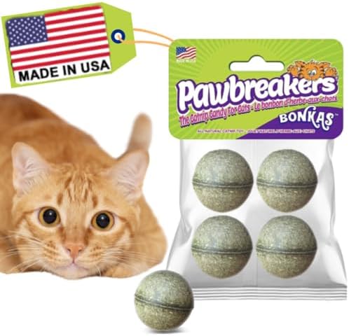 Pawbreakers 4 Bonkas Catnip Balls - All Natural Cat Treats & Toys, Medical Grade Catnip, Safe & Digestible, Hypoallergenic & Vegan - 1/2 oz, 1.25 Inch Diameter, Made in USA by Pawbreakers%C2%AE-TheCatnipCandyforCats