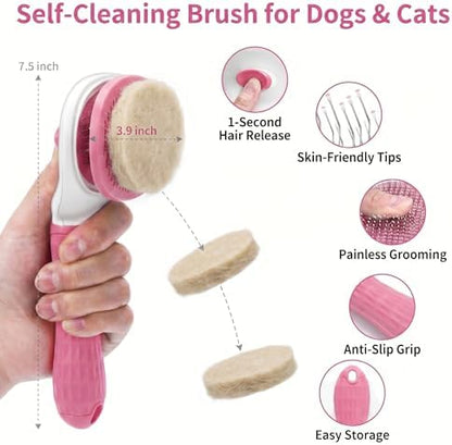 5-in-1 Dog Grooming Kit with Self Cleaning Brush & Rake, Pink - Image 2