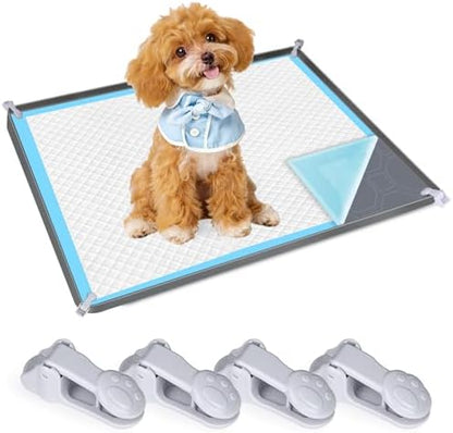 Dog Pee Pad Holder, Dog Potty Tray Silicone Puppy Pad Holder Tray Fits for 37.4" x 25.4" Training Pads, Puppy Potty Tray With 4 Clamps No Spill Raised Lip High Edge for Floor Protection (Grey) by phepetroll