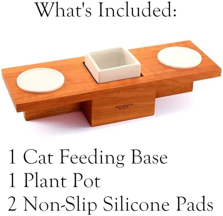 Solid Cherry Wood Raised Cat Feeding Station with Built-in Grass Planter - Image 3
