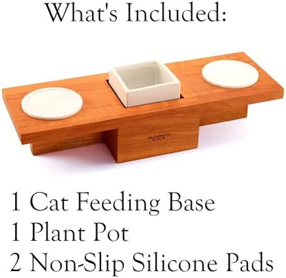 Solid Cherry Wood Raised Cat Feeding Station with Built-in Grass Planter - Image 3
