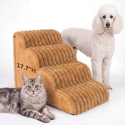 Den&Den 4 Step Dog Stairs for Small Dogs, 17.7" H High-Density Camel Steps by DenDenPetProducts