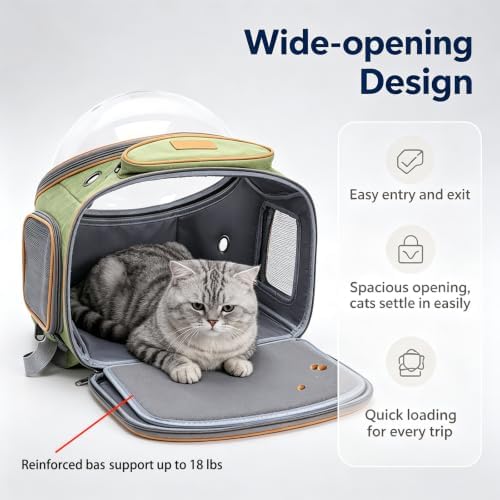 Cat Backpack Carrier, Breathable Cat Carrier Large Space Bubble Pet Backpack for Small Dog and Large cat up to 18lbs, Transparent & Foldable Pet Carrier for Travel Hiking (Green) - Image 2