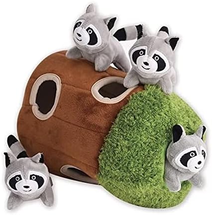 Glow Pups Hide and Seek Dog Toy, Interactive Plush Raccoon in Tree Burrow, Squeaky Woodland Style Dog Toys for Small Dogs, Mental Stimulation, Medium Size Tree with 4 Raccoon