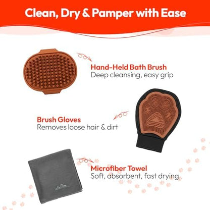 PM Pet Grooming Tools for Dogs & Cats- 3 Pack Dog Bathing Set- Safe On Skin Super-Absorbent Microfiber Towel – Soft & Gentle Brush Glove and Hand-Held Dog Bath Brush- Paw Mountain - Image 2