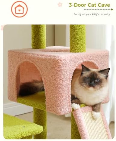 MUTTROS Flower Cat Tree 47.2" Multi-Level Cat Tower with Sisal Covered Scratching Posts, Cute Cat Condo for Indoor Small Medium Cats, Pink Top Perch, Fluffy Ball, Pink - Image 3