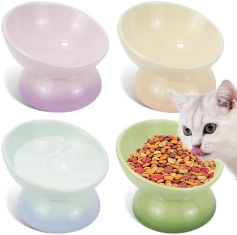 Elevated Cat Food Bowl 4 Pack 5 Oz Ceramic Raised Tilted Water Dishes, 15° Tilt Anti Vomiting, Protect Pets' Spines Bowls for Small Dog, Fat Faced Cat, Kitten by ISTOOLL