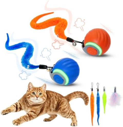 Interactive Cat Toy Ball - Automatic Moving Cat Ball for Indoor Cats with 3 Tails, Rechargeable Silent Kitten Toy for Boredom & Exercise, Rolling Ball Toy with 2 Modes & 2 Speeds. by Unknown