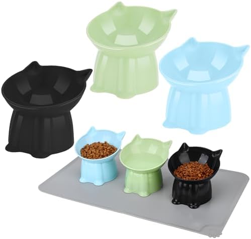 3 Pcs Elevated Cat Bowls 15°Raised Cat Food Bowl with Silicone Mat Green by Hoemwarm