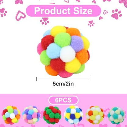 Cat Toys Balls 6 Pieces with Bells 5cm Soft Cat Pom Poms Balls Cats Interactive Ball Toy for Cats Kitten Indoor Outdoor Playing Chewing Scratching (Cat Ball Set 2) - Image 2