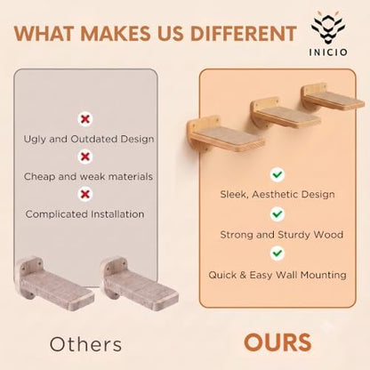 INICIO Cat Wall Steps - 3 Pack of Stairs for Cats to Climb - Natural Wood - Image 6