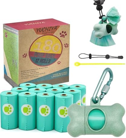 Dog Poop Pickup Bags Holder Dispenser with Standard-Sized Leak-Proof Scented Doggy Waste Bags and Carabiner with Safety Lock&Fastener Never Loose on Leash Lead Again (1 Holder 195 Bags, Blue) by YUCHIYA