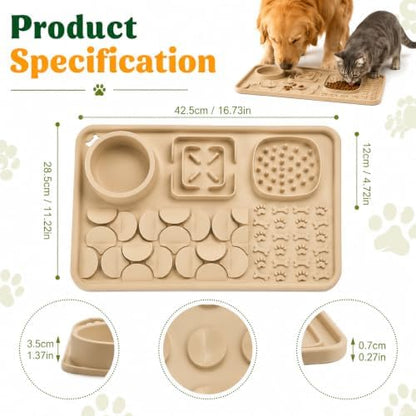 Silicone Dog Slow Feeder Lick Mat with Suction Cups, Multi-Puzzle Partition Pet Snuffle Feeding Tray for Puppy Cat Slow Eating Boredom Relief Training (Sand Beige) - Image 5