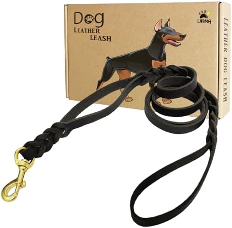 LWBMG Double Handle Leather Dog Leash 6 Foot - Heavy Duty Dog Leash with Traffic Handle - Braided Leather Lead for Small Medium Large Dogs by LWBMG