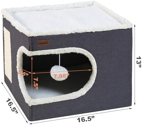 Garnpet Cat Bed for Indoor Cats Cube House, Covered Cat Cave Beds & Furniture with Scratch Pad and Hideaway Tent, Cute Modern Cat Condo for Multi Small Pet Large Kitten Kitty, Dark Grey - Image 2