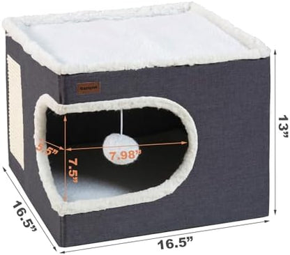 Garnpet Cat Bed for Indoor Cats Cube House, Covered Cat Cave Beds & Furniture with Scratch Pad and Hideaway Tent, Cute Modern Cat Condo for Multi Small Pet Large Kitten Kitty, Dark Grey - Image 2