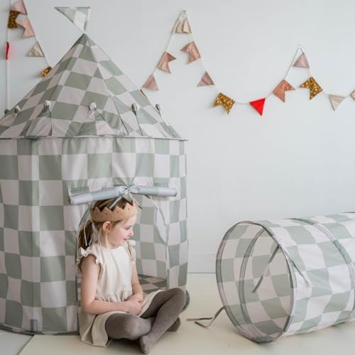 3 Sprouts Recycled Kids Pop-Up Play Tunnel, Indoor Play, Checkerboard Green - Image 5
