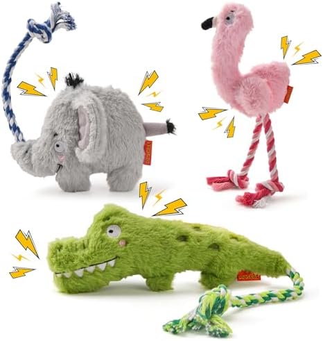 AUSCAT Plush Dog Rope Toy, Durable Squeaky Dog Toys for Puppy Small Medium Dogs (Not for Aggressive Chewers), Crocodile & Elephant & Flamingo by AUSCAT