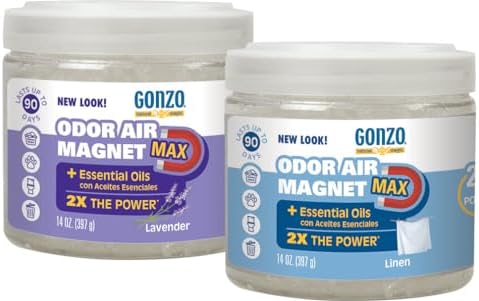Gonzo Odor Air Magnet Max Gel Odor Eliminator (2 PACK) For Car, Closet, Trash & Pet Areas, Smoke Odors - Lavender and Linen Scent, 14 oz Jars, Blue by Gonzo