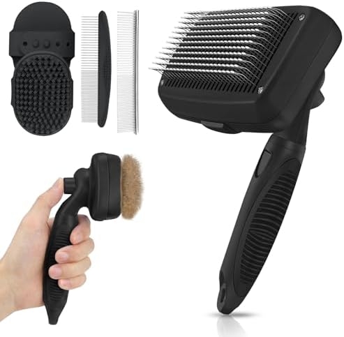 Self Cleaning Shedding Brush - 5-in-1 Professional Pet Grooming Kit Skin Friendly Grooming Tool for Dogs, Cats, and Puppies, Deshedding and Hair Removal for Long and Short Haired Pets, Black by AUSRKI