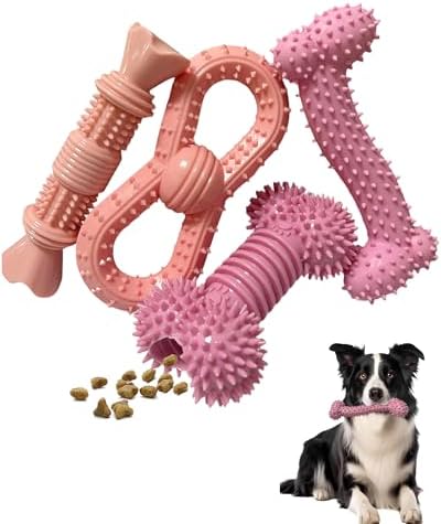 4 Pack Teething Toys Dog Durable Chew Toys Soft Rubber Toy Dog Teeth Cleaning Toothbrush Toy Cute Interactive Toys for Medium Large Breed(Medium,Pink) by Cdyzqikm