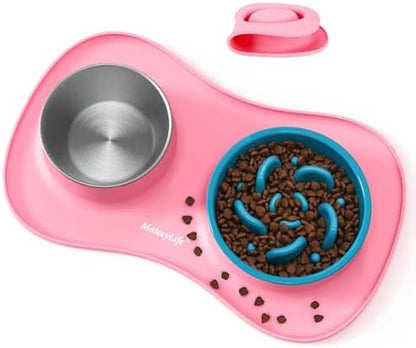 MateeyLife Dog Food and Water Bowl Set 3 in 1, Slow Feeder Dog Bowls & Stainless Steel Water Bowl with Non-Spill Silicone Mat, Cat and Puppy Bowls Pet Dishes for Small Medium Large Breed Anti-Choking by MateeyLife