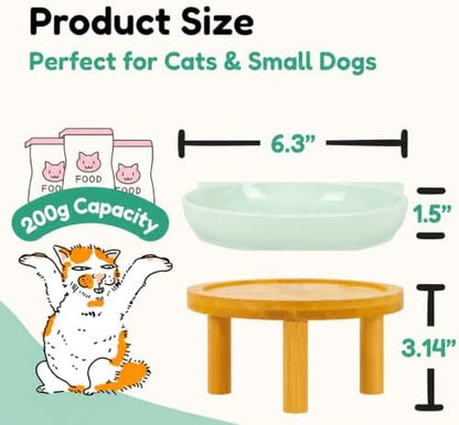 Elevated Ceramic Cat Bowls with Bamboo Stand for Cat Bowl, Whisker Friendly Shallow Cat Plate, Stable Raised Cat Food Riser for Indoor Cats (Green, Set of 1) - Image 2