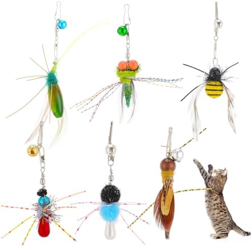 Cat Insect Feather Toys Replacement Cat Toy Wand Refills, 6 Pieces Natural Insect Cat Toy Feathers Refill, Interactive Cat Teaser Wand Attachments, with Bell(Style 8) by WelcometoHokoad