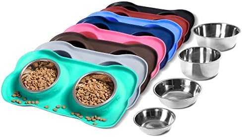 Hubulk Pet Dog Bowls 2 Stainless Steel Dog Bowl with No Spill Non-Skid Silicone Mat + Pet Food Scoop Water and Food Feeder Bowls for Feeding Small Medium Large Dogs Cats Puppies (Medium, Mint Green) by Hubulk