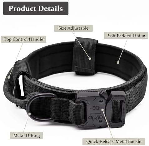 Tactical Dog Collar, Adjustable Military Training Nylon Pet Collar, Black L - Image 2