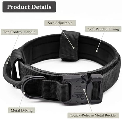 Tactical Dog Collar, Adjustable Military Training Nylon Pet Collar, Black L - Image 2