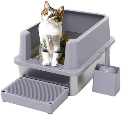 RIZZARI Open Cat Litter Box: Stainless, High Sided, Easy Clean by RIZZARI