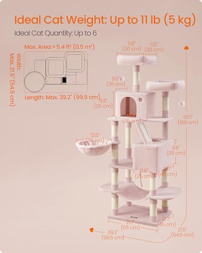 Feandrea Cat Tree, 66.1-Inch Large Cat Tower, Multi-Level Condo, Jelly Pink - Image 5