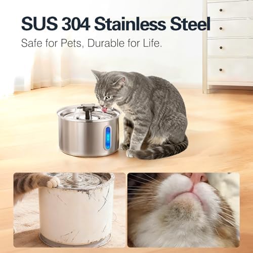 3L/101oz Stainless Steel Cat Water Fountain for Indoor Use - Ultra Quiet Automatic Cat Fountain for Drinking, Pet Water Foutain for Cat with LED Window, Easy to Clean (8 Filters & 8 Sponges) - Image 2