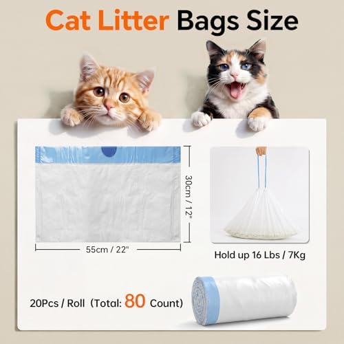 Litter Bags for Automatic Cat Litter Box, Replacement Self-Cleaning Cat Litter Box Liners, 4 Rolls Drawstring Trash Bags, Cat Litter Bags of 22×11 Inches（80 Counts/4 Packs） - Image 2