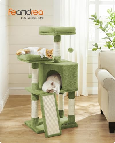 Feandrea Cat Tree, 45.3-Inch Cute Cat Tower, Plush Climbing Condo, Green - Image 2